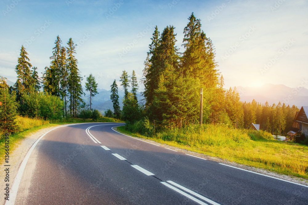 The road leads through the woods to the mountains at sunset. The road leads through the woods to the mountains at sunset.