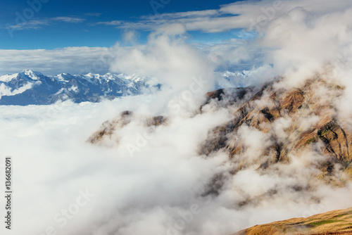 Thick fog on the mountain pass Goulet. Georgia, Svaneti. Europe.