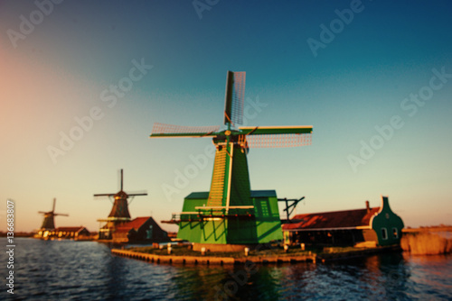 Traditional Dutch windmills from the channel Rotterdam. Holland