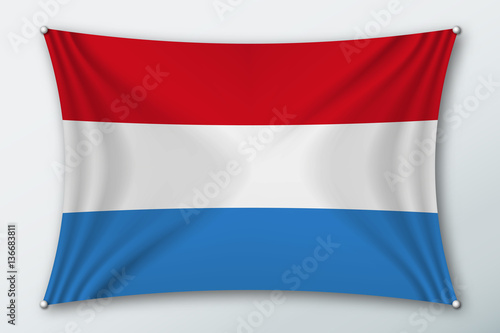 Free Download Luxembourg national flag. Symbol of the country on a stretched fabric with waves attached with pins. Realistic vector illustration. - GFXLoad