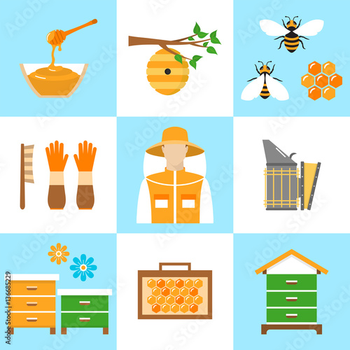 Beekeeping honey vector flat icons set