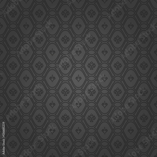 Seamless vector dark pattern. Modern geometric ornament with royal lilies. Classic vintage background