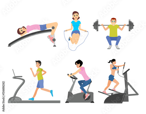 Set of vector illustration of people working out in the fitness club or gym