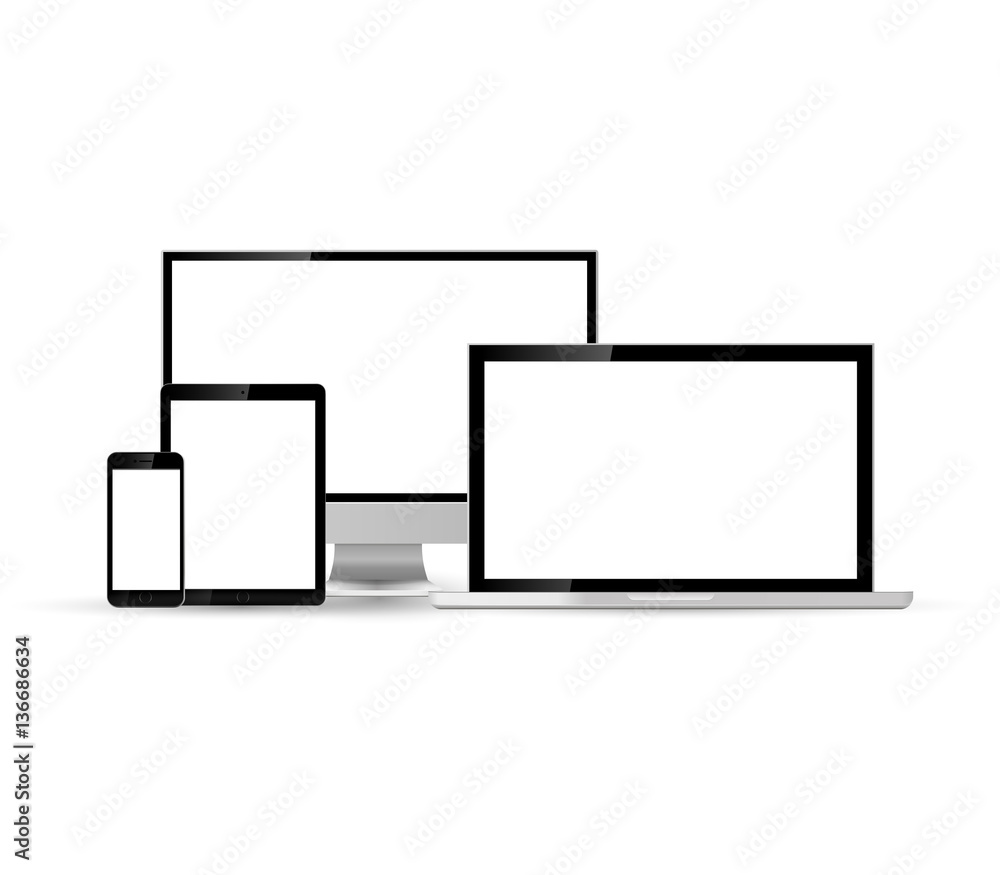 Set of blank screens.Technology device. Computer monitor, laptop, tablet, smartphone isolated on white background.Vector illustration. Set of blank screens.Technology device. Computer monitor, laptop, tablet, smartphone isolated on white background.Vector illustration.