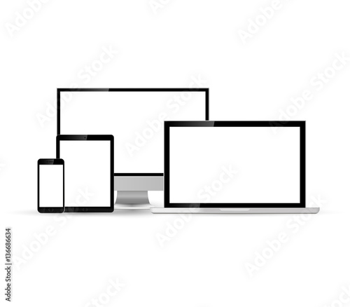 Set of blank screens.Technology device. Computer monitor, laptop, tablet, smartphone isolated on white background.Vector illustration. 