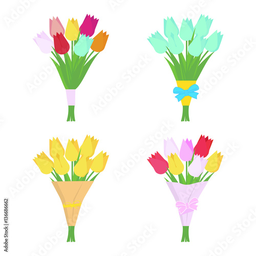 Fototapeta Naklejka Na Ścianę i Meble -  Set of tulip flowers bouquets isolated on white background. Flower arrangement. Vector illustration.