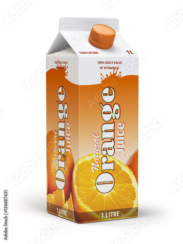 Orange juice carton cardboard box pack isolated on white backgro