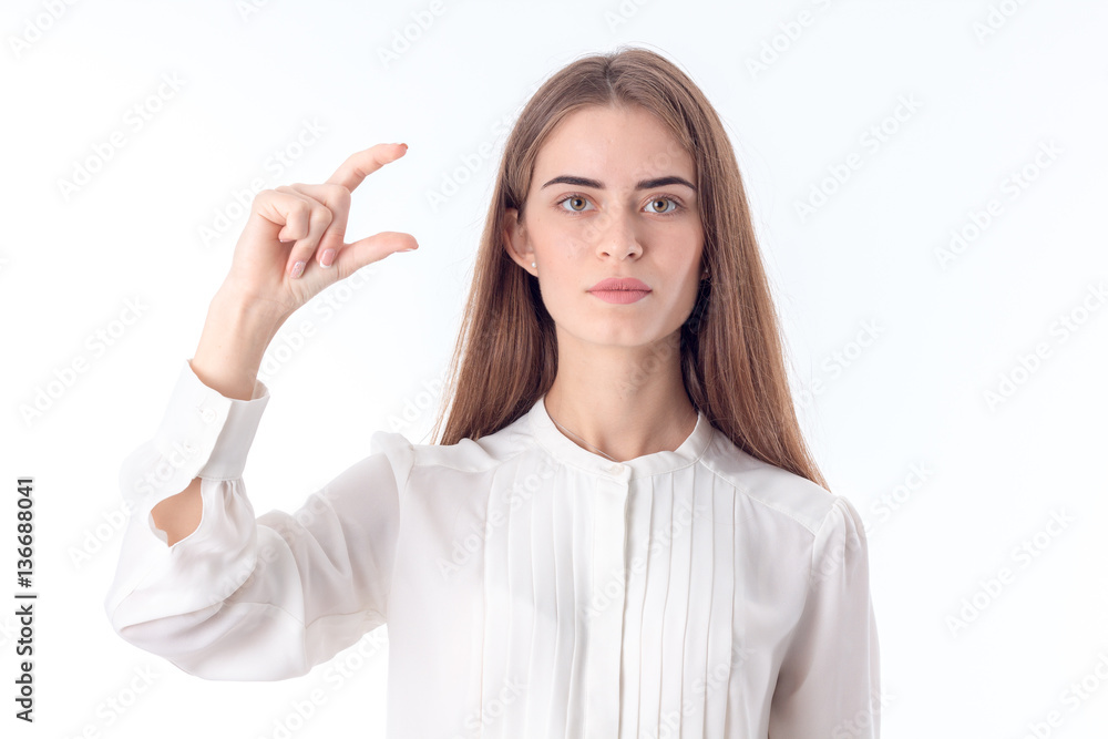young girl raised up his hand with bent fingers isolated on white background young girl raised up his hand with bent fingers isolated on white background