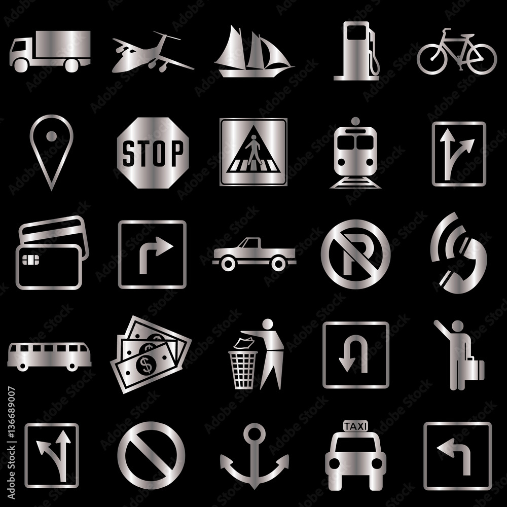 Fototapeta premium Metallic Transportation and Traffic Icons Set