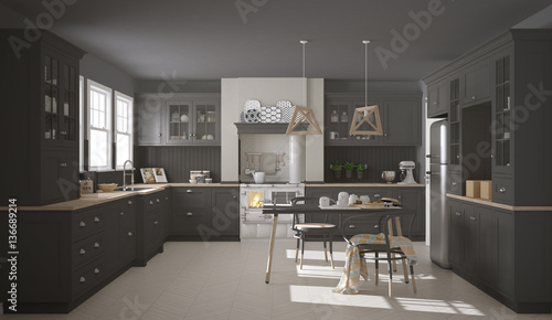 Scandinavian classic gray kitchen with wooden details  minimalis