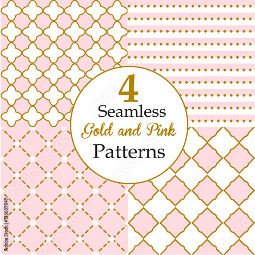 Set of Seamless Gold and pink Patterns. Texture for wallpaper, background, fabric, scrapbook  in vector. Baby girl patterns 
