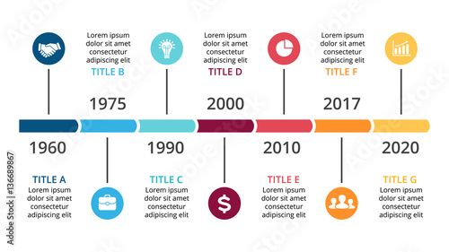 Vector arrows timeline infographic, diagram chart, graph presentation. Business concept with options, parts, steps, processes. 7 time periods and points. Years from past to future.