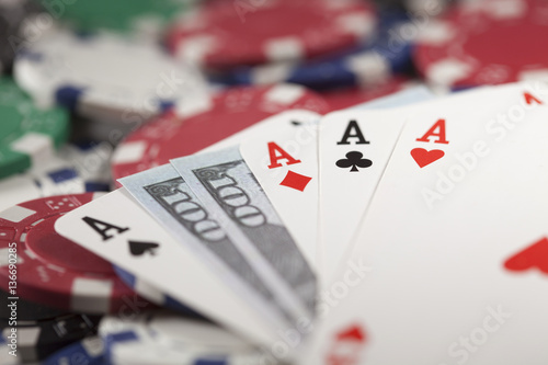 Gambling chip, money and poker
