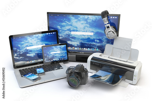 Computer devices and office equipment. Mobile phone, monitor, la