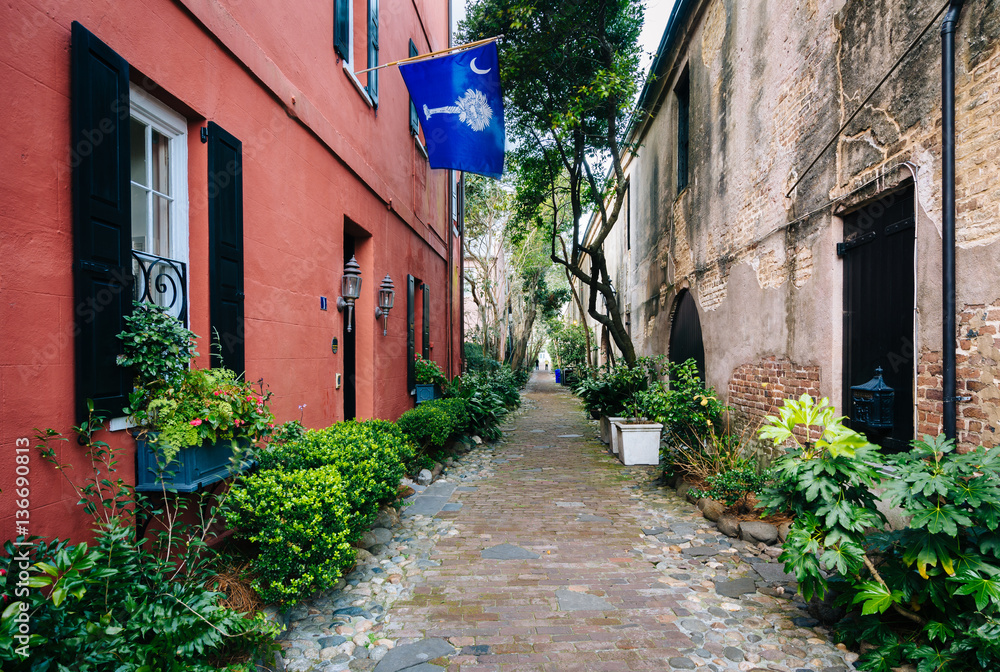 Obraz premium Wąska brukowana ulica i stare budynki w Charleston na południu