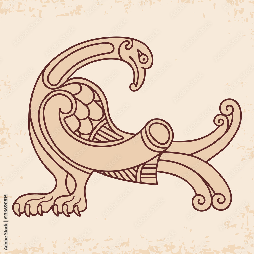 Celtic zoomorphic national figure. Ornament with bird on a beige background with aging effect. Celtic zoomorphic national figure. Ornament with bird on a beige background with aging effect.