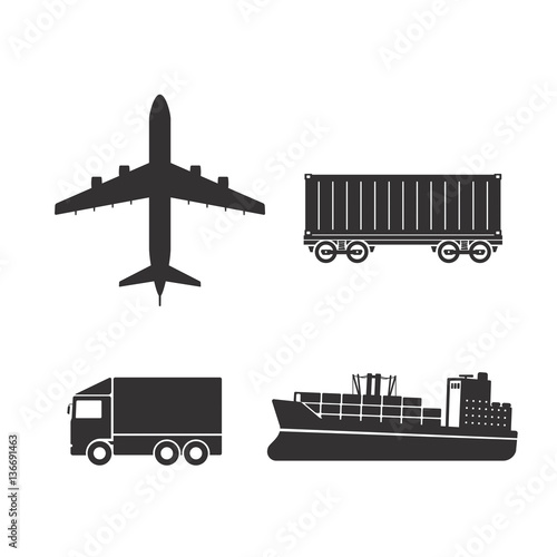 Vector of transport and logistic business with container truck, container cargo ship, cargo plane, container train icons isolated on white background.