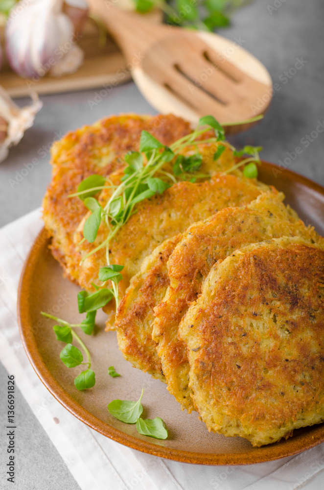 Delicious original schnitzel with potato pancakes Delicious original schnitzel with potato pancakes
