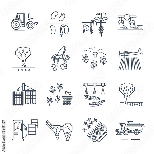 set of thin line icons agriculture, farming, crop production