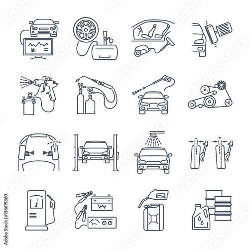 set of thin line icons servicing, maintenance of car and auto