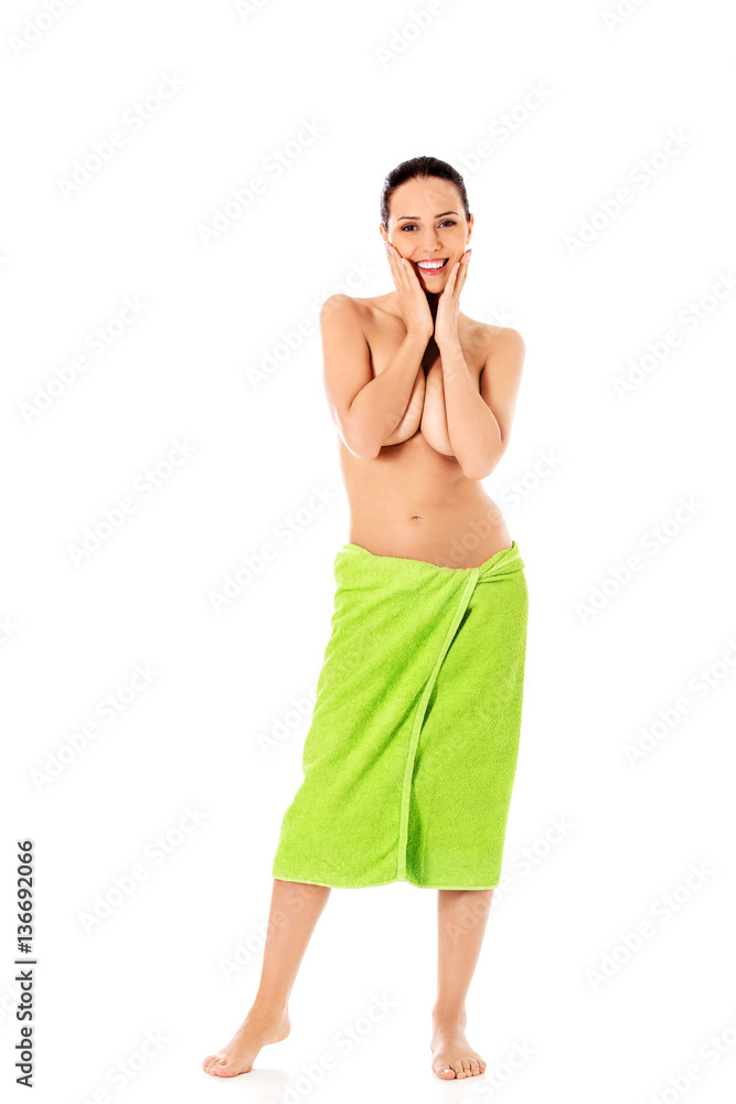 Obraz premium Young beautiful woman after bath full portrait isolated over white.