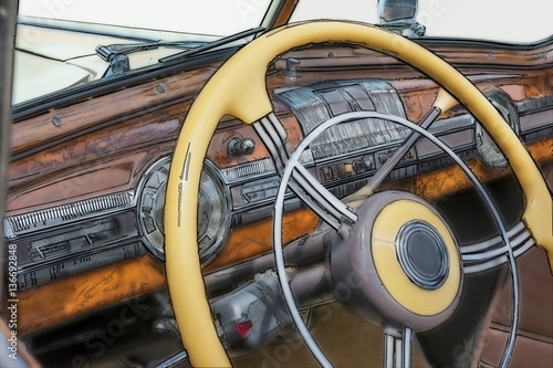 Digital photo illustration: Close up interior of 1950s automobil