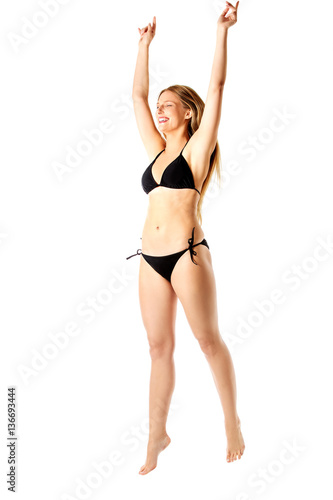 Beautiful smiling woman in bikini on white background