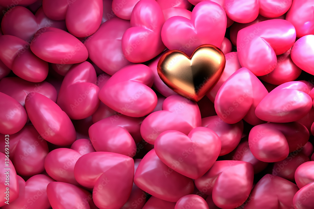 Golden shining heart on a background of pink shiny hearts. Beautiful festive backdrop for Valentine's day. Concept of love, dating, marriage. 3d render. Golden shining heart on a background of pink shiny hearts. Beautiful festive backdrop for Valentine's day. Concept of love, dating, marriage. 3d render.