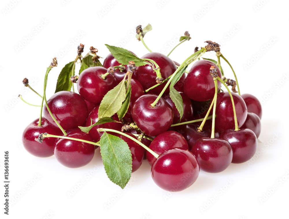 Cherries with leaves isolated on white background