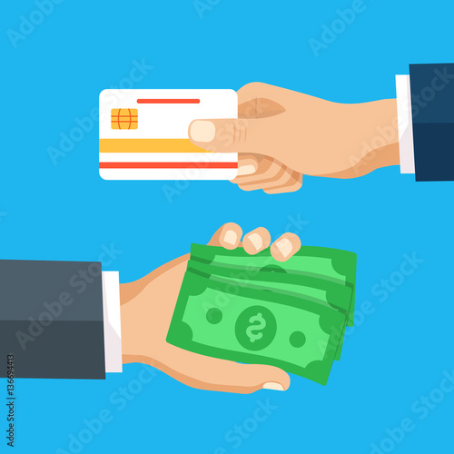 Hand with credit card and hand with cash money. Vector illustrat