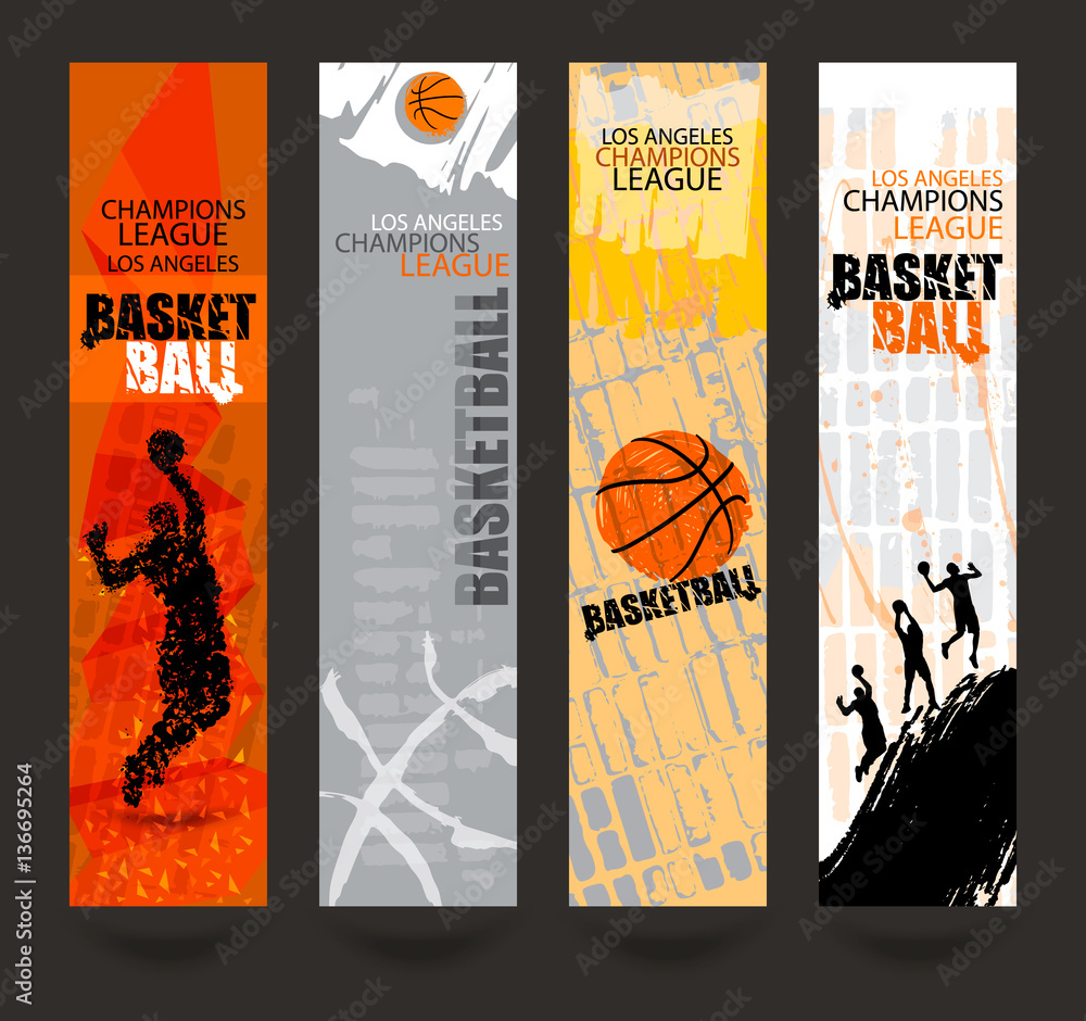 Naklejka premium Set of banners for basketball. Sports Templates. Grunge style. Abstract background. Players in basketball. Hand drawing textures. EPS file is layered(clipping mask).