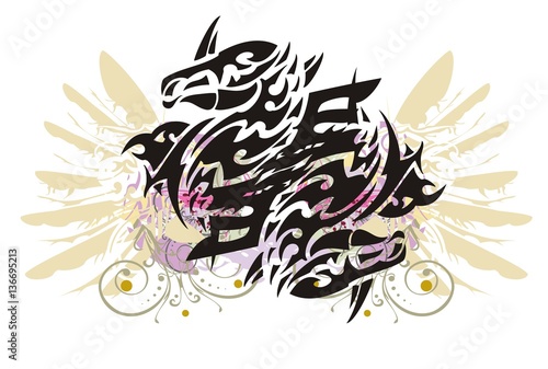 Grunge double imaginary animal symbol with wings. Tribal horse-eagle symbol with floral elements