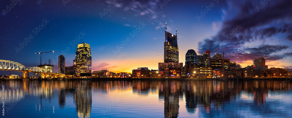 Nashville skyline blue hour with stars