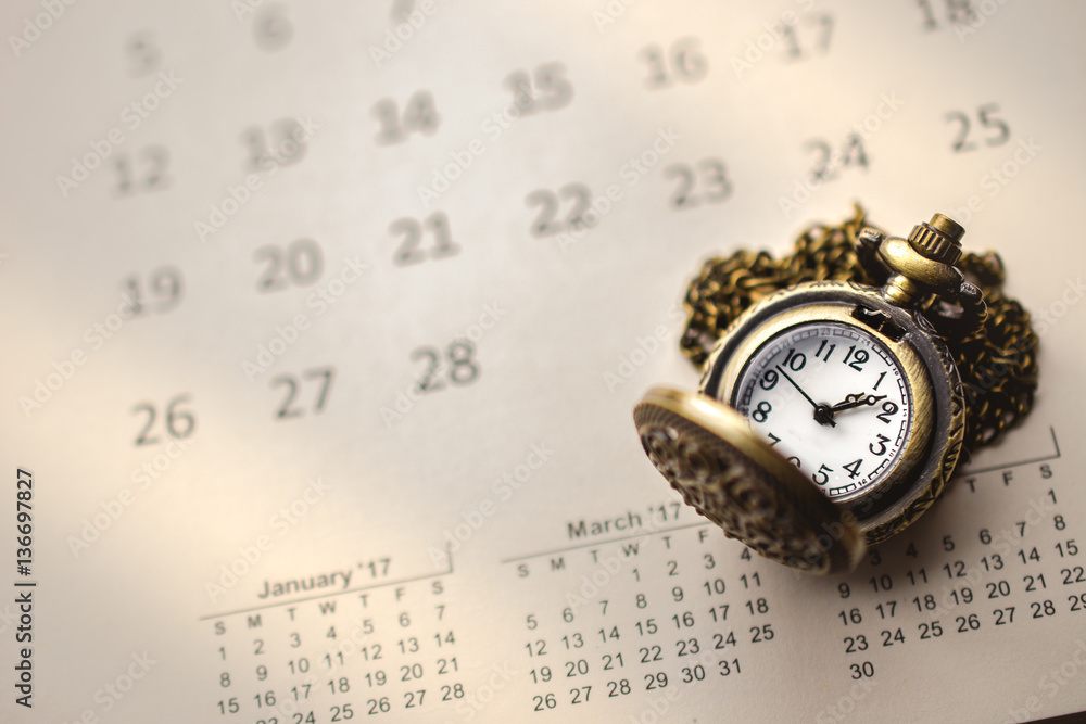 Time for Waiting with Vintage Pocket Watch on the Calendar ,Imag
