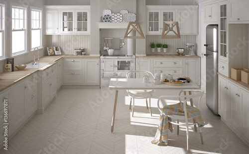 Scandinavian classic white kitchen with wooden details, minimali photo