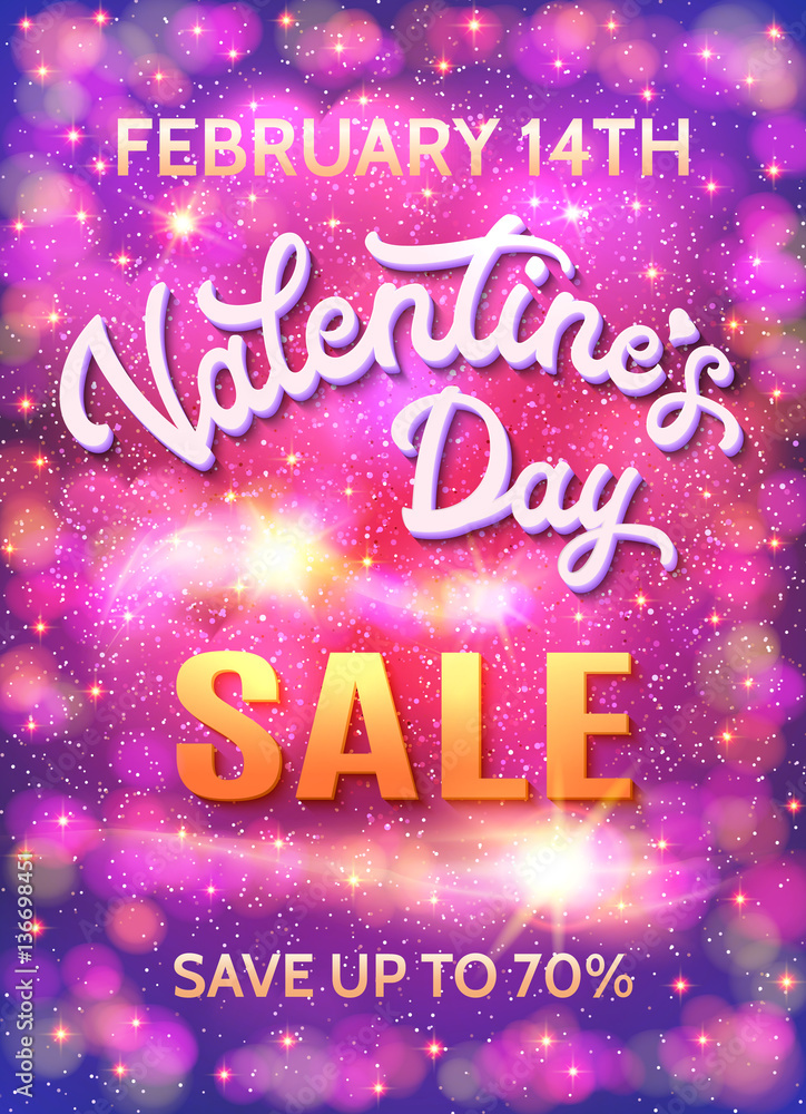 Valentines day sale poster template on abstract pink and purple background with hearts, stars and bokeh circles. Discount banner with 3d white hand lettering text. Font vector illustration. EPS10