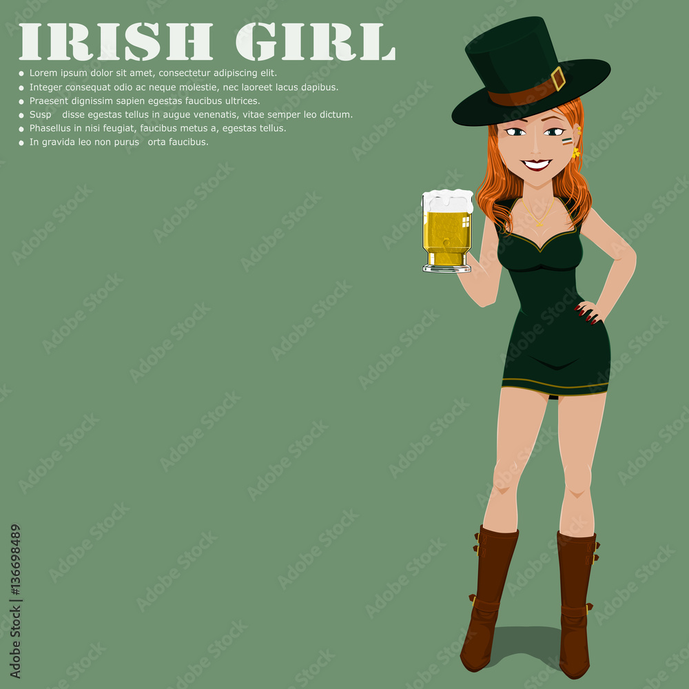 Full body of Irish girl holding a glass of beer
