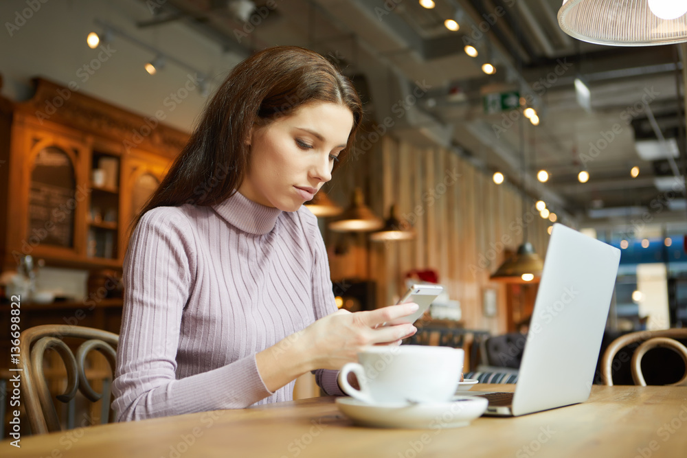 Beautiful brunette using laptop in cafe. Blogger work concept Beautiful brunette using laptop in cafe. Blogger work concept