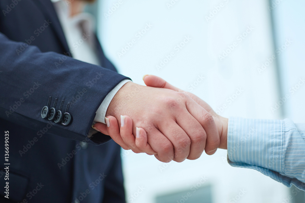 Obraz premium Male and female handshake in office. Serious business and partnership concept. Partners made deal, sealed with handclasp.