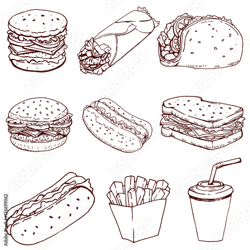 Hot dog, burger, taco, sandwich, burrito .Set of fast food icons