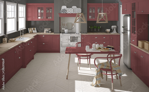 Scandinavian classic kitchen with wooden and red details  minima