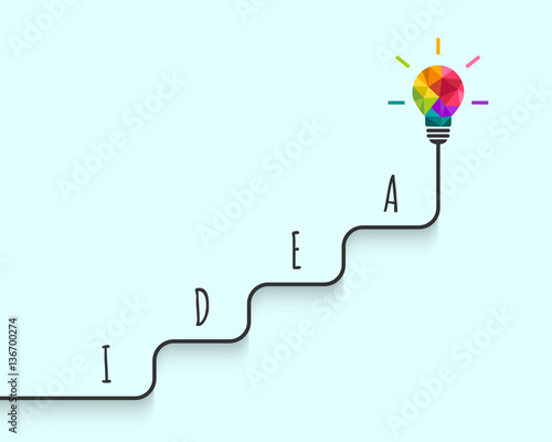Creativity concept with step by step arriving to the idea and success. Abstract colorful light bulb design.