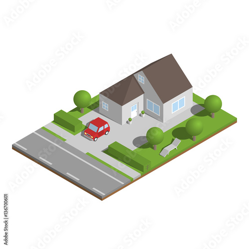 Isometric suburban house with garden and car.