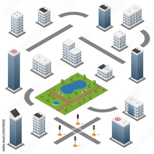 Set of isometric buildings, roads, park and traffic light.