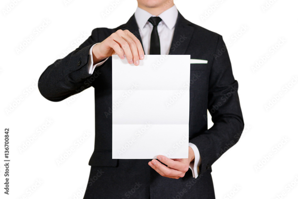 Man showing blank black flyer brochure booklet. Leaflet presenta Man showing blank black flyer brochure booklet. Leaflet presenta