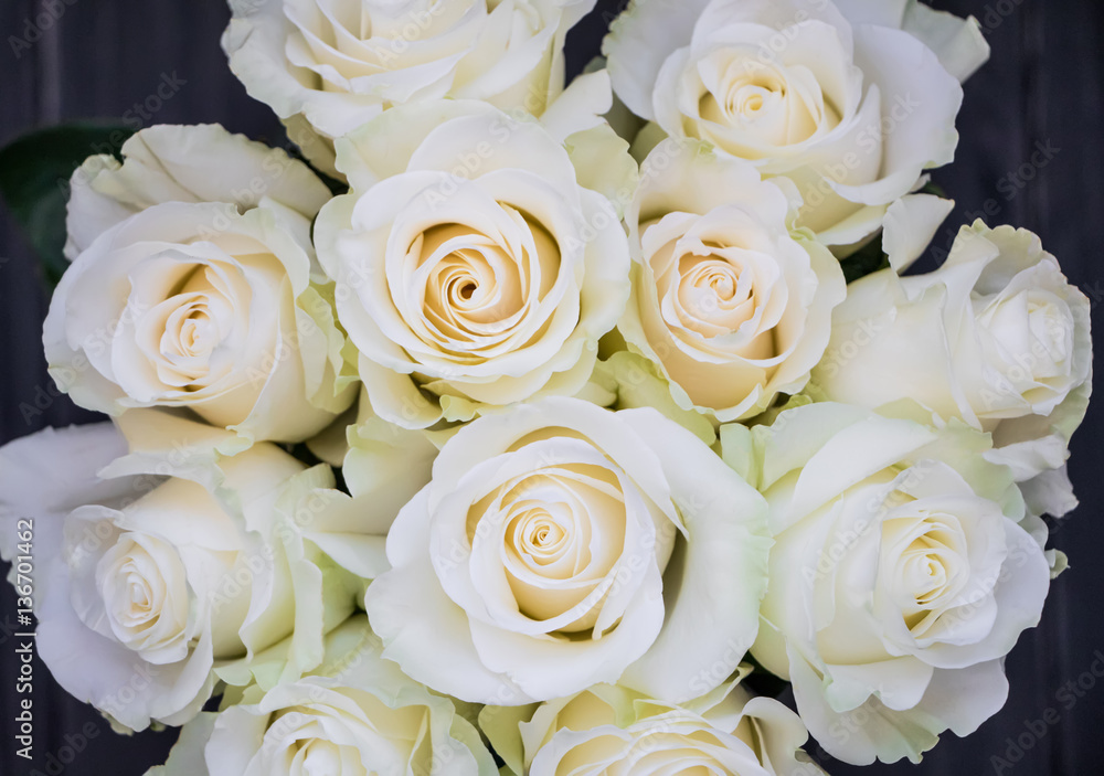 Perfect bouquet of creme luxurious roses for wedding, birthday or Valentine's day. Top view