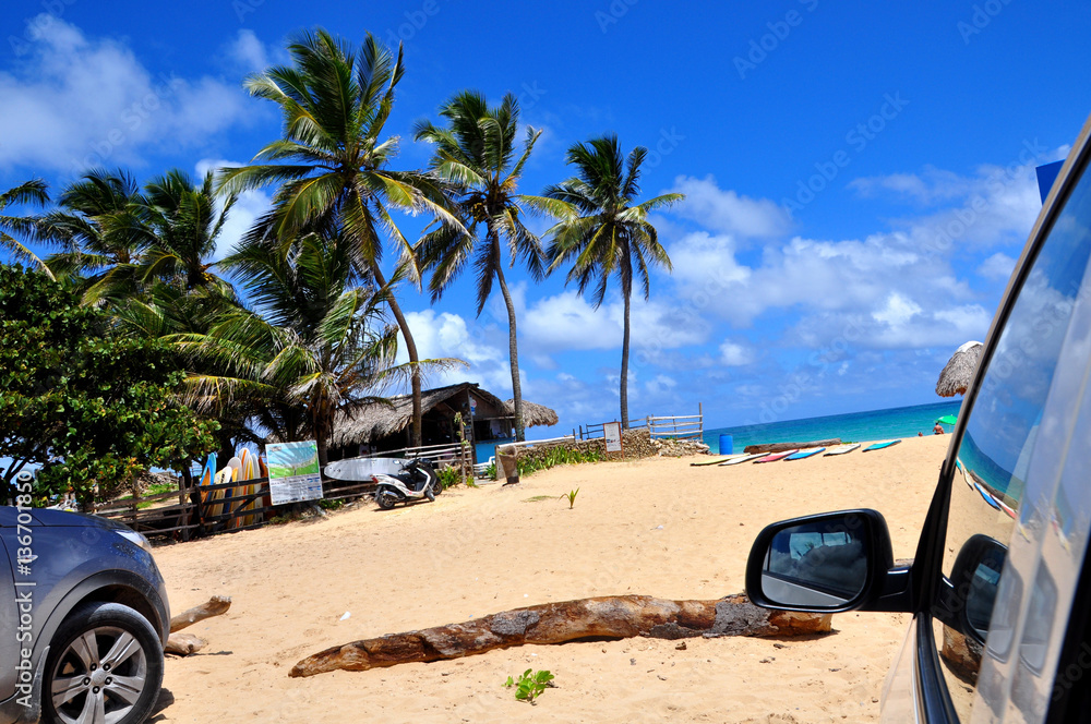 Tropical beach with white sand, palm trees and blue sky from the car view