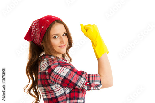 Woman with yellow rubber gloves gestures we can do it  isolated