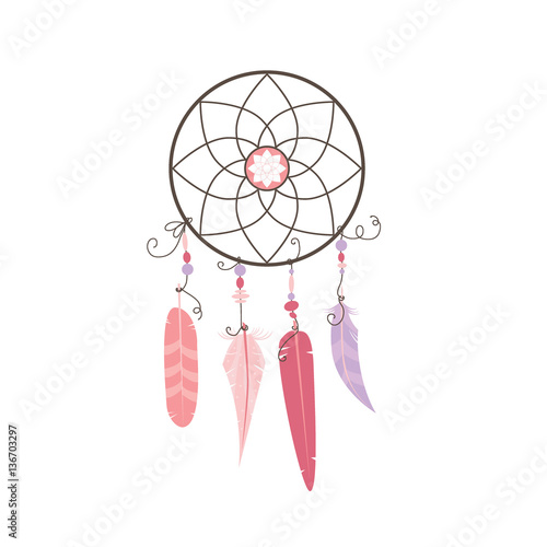 dream catcher with feathers pink on a white background