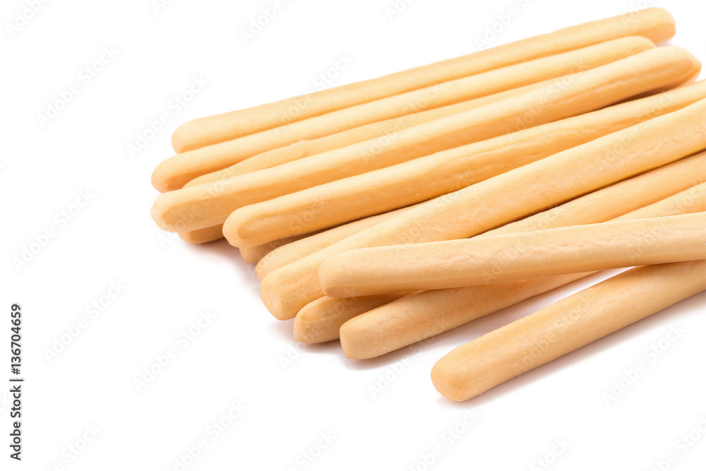 Toasted wheat bread sticks isolated on a white background.